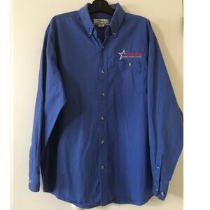 Tri-Mountain Large Button Up Long Sleeve Collared 100% Cotton Shirt With Logo